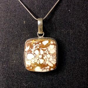 Speckled Jasper Sterling Silver Cabochon Pendant & Snake Chain Necklace 20” Long